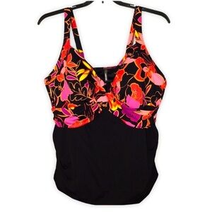 LANDS END Women’s Tankini Top Swimsuit Black & Floral Design Underwire Top